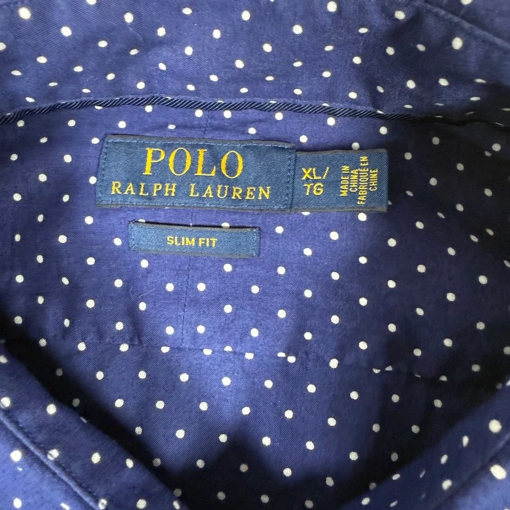 Polo Ralph Lauren Mens XL Slim Fit Navy Polka Dot Long Sleeve Button Down Shirt